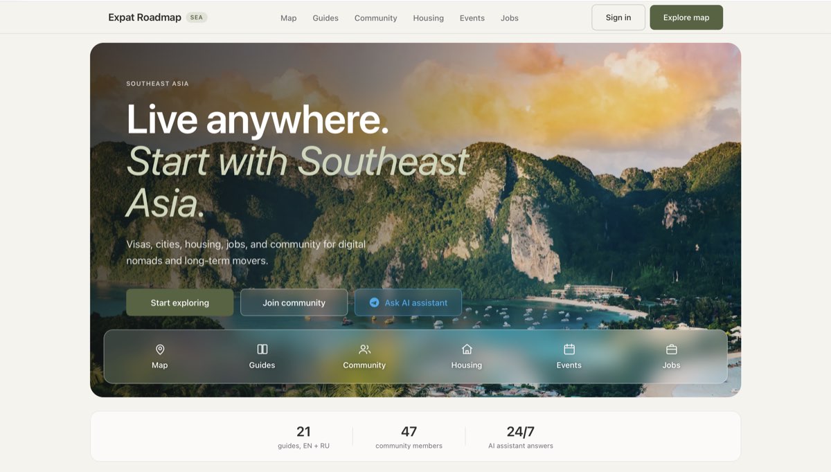 Expat Roadmap SEA. Map, guides, housing, jobs, community. Twenty-one guides in two languages, forty-seven people in the community